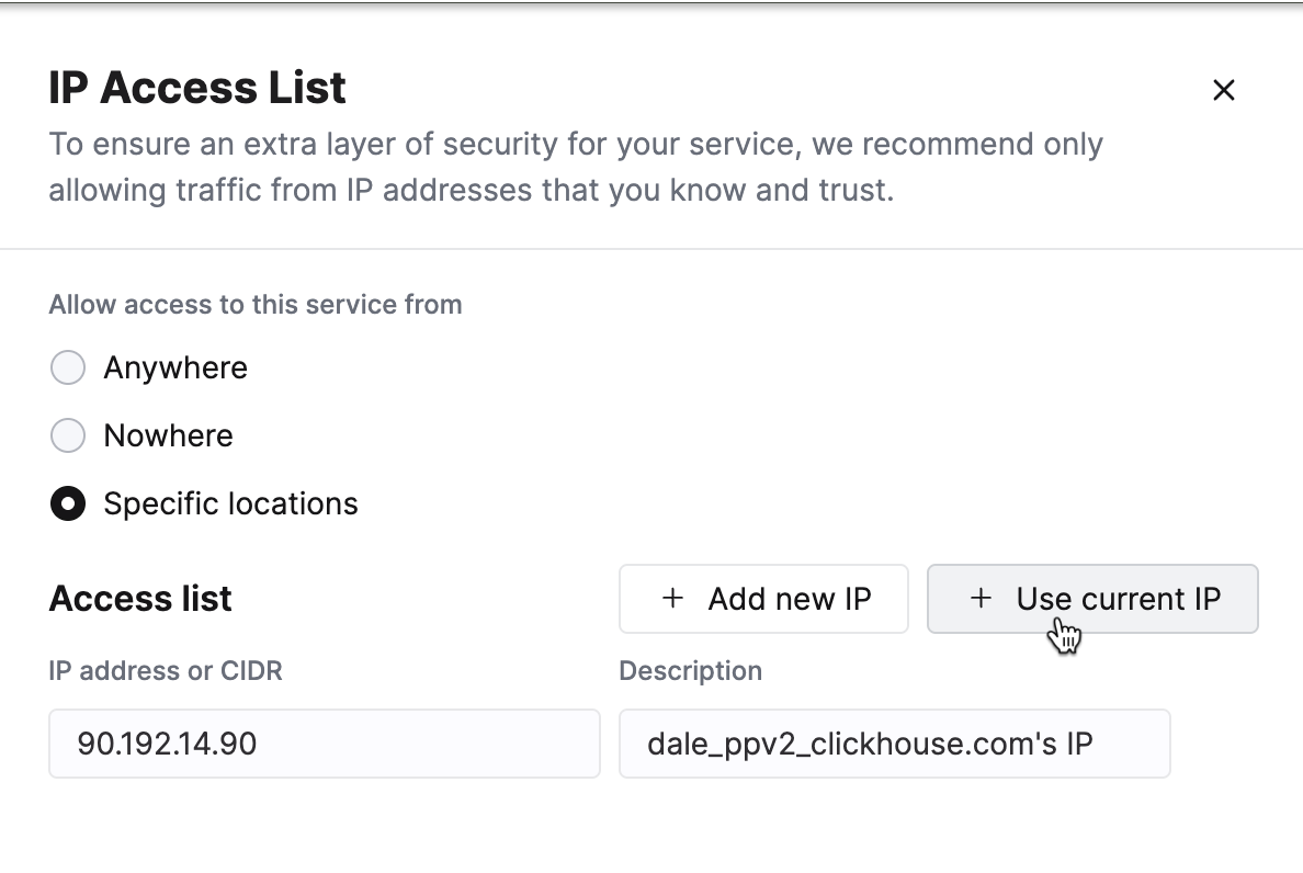 현재 IP 주소를 ClickHouse Cloud의 IP Access List에 추가