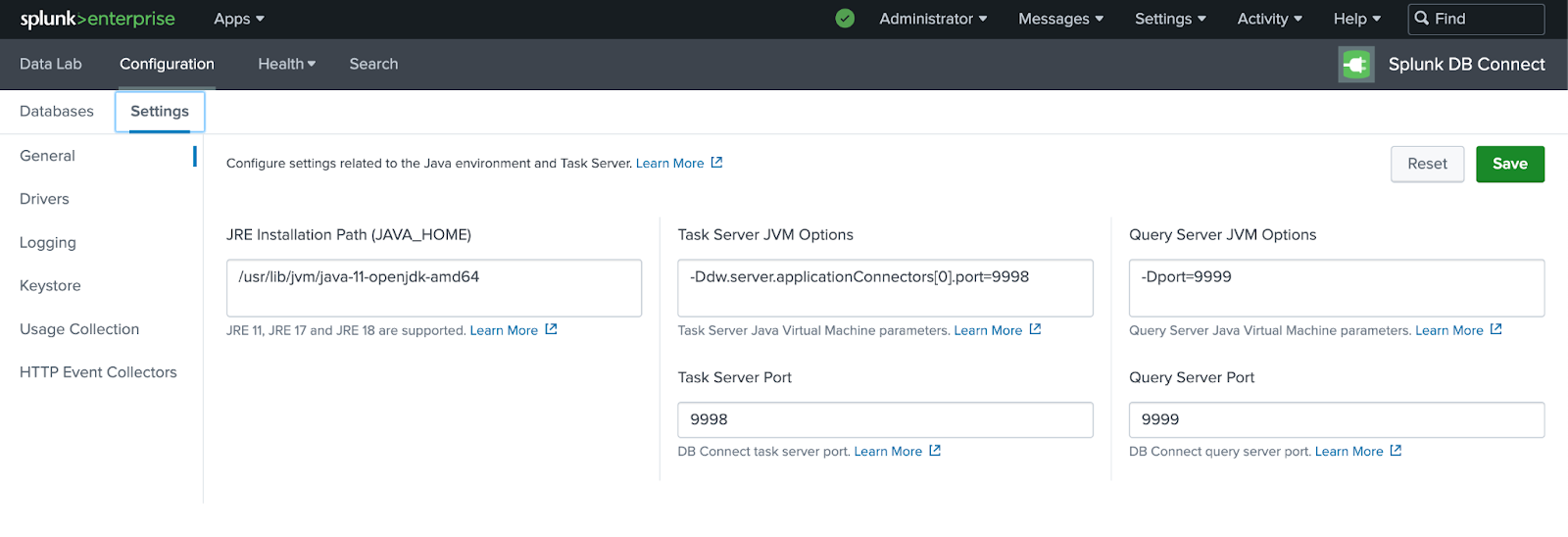 Java Home 구성을 보여주는 Splunk DB Connect 설정 페이지